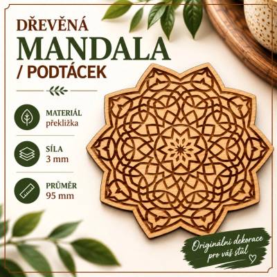 ADVIPO dekorace Dřevěný podtácek mandala s geometrickou hvězdou Ø 95 mm