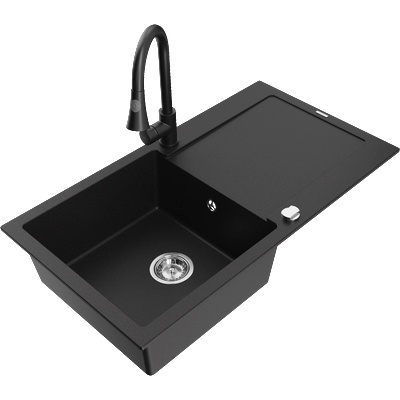 Mexen Leo гранитна мивка с 1 отделение с отцедник и кухненски смесител Elia, черен - 6501-77-670101-70 (6501-77-670101-70)