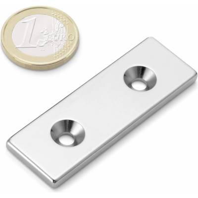 Neodymový magnet kvádr 60 × 20 × 4 mm, 2 otvory M4, síla 10 kg