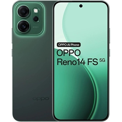 Смартфон Oppo Reno14 FS 5G (зелен), поддържа 2 SIM карти, 6.57" (16.68 cm) FHD+ AMOLED 120Hz дисплей, осемядрен Snapdragon 6 Gen 1 2.2 GHz, 12GB LPDDR4X, 512GB Flash памет, 50 + 8 + 2 & 32 Mpix камери, Android (CPH2743_FS_12+512)
