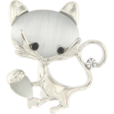 Biju brož kočička s rybou a umělým kamenem stříbrná 9001464-1