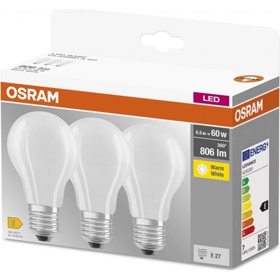 Osram 3PAK LED žiarovka LED E27 A60 7W 60W 806lm 2700K teplá biela 300° Filament Base