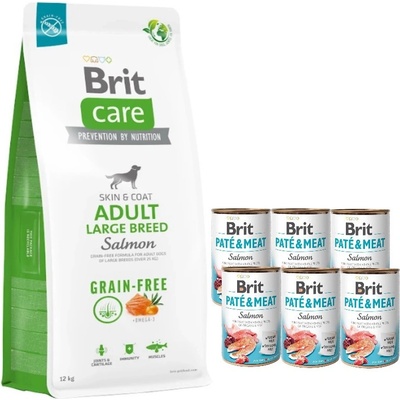 Brit Care Grain-free Adult Large Breed Salmon 12 kg & Brit Pate & Meat Salmon 6 x 400 g