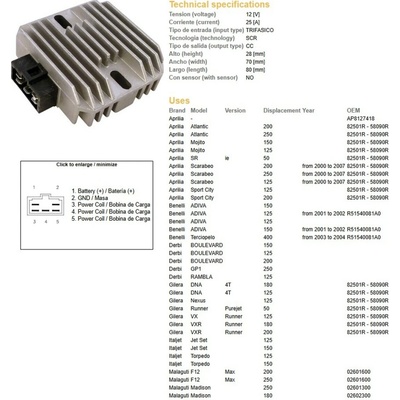 DZE regulátor napětí APRILIA SR 50; BENELLI; DERBI; GILERA;ITALJET; PIAGGIO X9 125/180/200/250 (12V/25A) (ESR259)