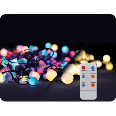 Solight LED 2v1 vonkajšia vianočná reťaz gule diaľkový ovládač 200LED RGB biela 20m 5m 8 funkcií IP44