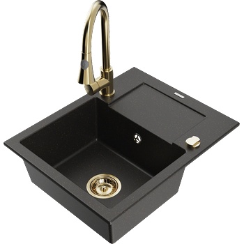Mexen Enzo гранитна мивка с 1 отделение с отцедник и кухня батерия Elia, черно/златен металик - 6506-75-670101-50 (6506-75-670101-50)
