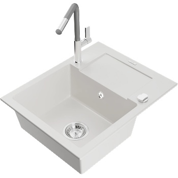 Mexen Enzo гранитна кухненска мивка с една камера и отцедник и кухненски смесител Flora, бял - 6506-20-670401-06 (6506-20-670401-06)