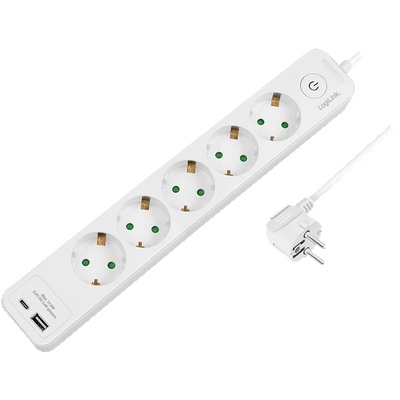 LogiLink 5-посочно гнездо + превключвател, 5x CEE 7/3, 1x USB-A, 1x USB-C, 1, 5 м, бяло