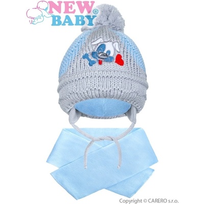 New Baby zimná detská čiapočka so šálom psík svetlo modré