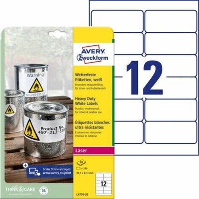 Etikety polyesterové 99,1x42,3mm Avery A4 biele 20 hárkov