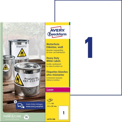 Avery-Zweckform L4775-100 210 x 297 mm prehľad produktov fólie biela 100 ks trvalé Fóliové etikety laser, kópie