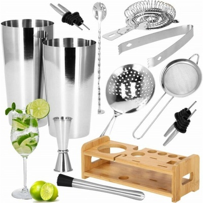 Barmanská sada s dřevěným stojanem 14 dílů, nerezová SPRINGOS GROFF
