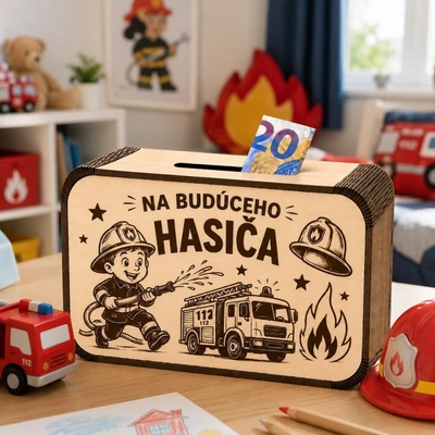 Drevená pokladnička pre deti - Na budúceho hasiča