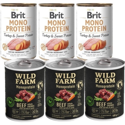 Brit Mono Protein Turkey & Sweet Potato 6 x 400 g a Wild Farm Monoprotein Beef 6 x 400 g