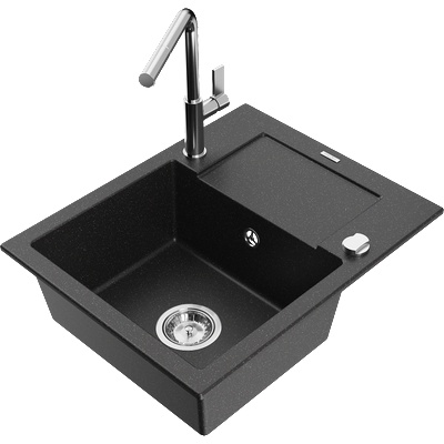 Mexen Enzo мивка от гранит 1-камерна с отцеждател и кухненски смесител Flora, черен/сребърен металик - 6506-73-670401-00 (6506-73-670401-00)
