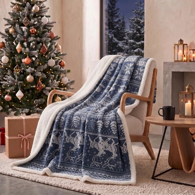 MyBestHome GOLD Vánoční deka s beránkem z mikrovlákna FROSTY modrá 150x200