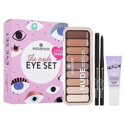 Essence The Nude Eye Set odstín 10 Pretty In Nude : paletka očních stínů The Nude Edition Eyeshadow Palette 10g + oční tužka Long Lasting Eye Pencil 0,28 g 01 Black Fever + báze pod oční stíny Prime L