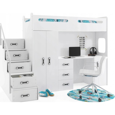 Interbeds MAX 4 poschodová komplet + matrac + písací stôl + šatník biela