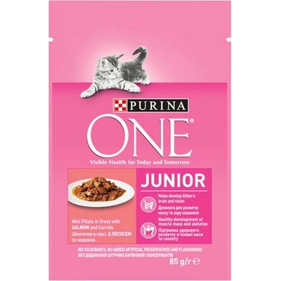PURINA ONE Junior mini filetky s lososom a mrkvou v šťave 85g