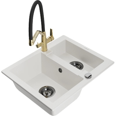 Mexen Carlos гранитна мивка 1, 5-камерна с кухненски смесител Duo, бял - 6518-20-671701-57-B (6518-20-671701-57-B)