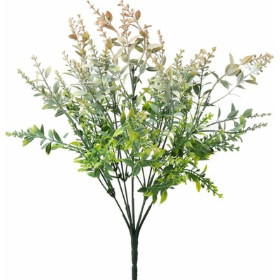 Umělá doplňková zeleň s drobnými lístky – zeleno-bílo-růžová, výška 35 cm