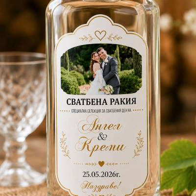 Art gift Етикети за бутилки - Сватбена ракия със снимка