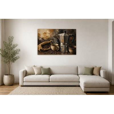 Obraz na plátně – Moka konvička s kávovými zrny 135 × 90 cm