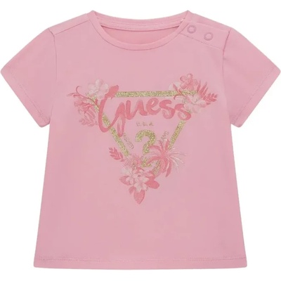 GUESS Розова тениска със златисто лого Guess с глитери и цветя за бебе момиче