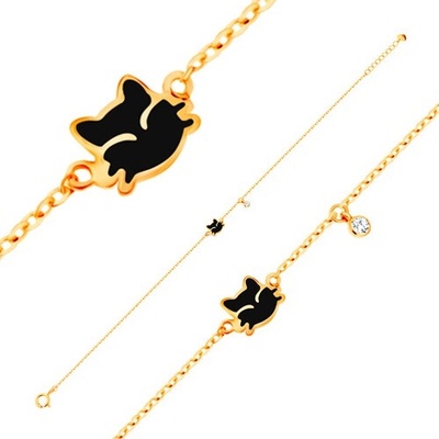 Šperky Eshop Náramek ze žlutého 14K zlata, přívěsky černá kočička, kulatý čirý zirkon S2GG137.01