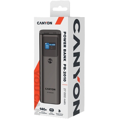 CANYON Зарядно устройство CANYON PB-2010, allowed for air travel power bank 27000mAh/97.2Wh Li-poly battery, in/out: 2xUSB-C PD3.1 140W, out: USB-A QC 3.0 22.5W, TFT display, Dark Grey (CNE-CPB2010DG)