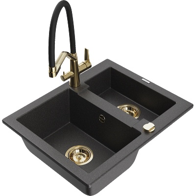 Mexen Carlos кухненска гранитна мивка с 1, 5 камери и кухненски смесител Duo, черен напръскан - 6518-76-671701-57-G (6518-76-671701-57-G)