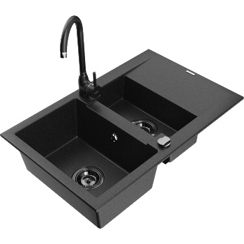 Mexen Gaspar гранитна мивка 1, 5 камери с отцедник и кухненски смесител Telma, черен/сребърен - 6507-73-670200-70-B (6507-73-670200-70-B)