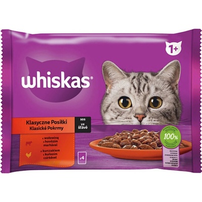 WHISKAS Cat Mäs.výber kura a hrach&hovädzie&morka&jahňa a mrkva v šťave 4 x 85 g