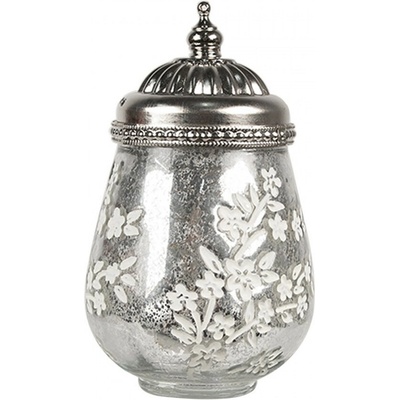 Stříbrná skleněná svítící LED lucerna s kvítky Balli - Ø 9*15 cm - Clayre & Eef