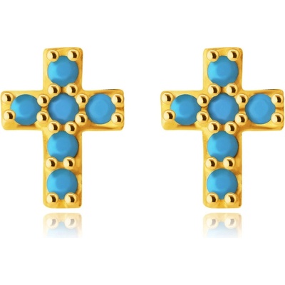 Šperky Eshop ze zlata drobný latinský křížek ozdobený kulatými tyrkysy puzetky S1GG233.31