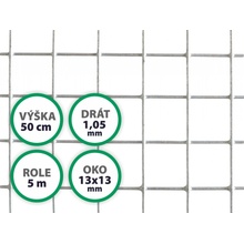 Pletivo na voliéry ZN, oko 13x13 mm, drát 1,05 mm, výška 50 cm, role 5 m