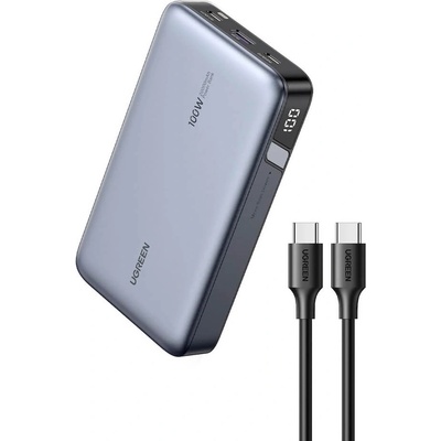 UGREEN Nexode Two Way Power Bank 20000 mAh 100W - преносима външна батерия с 2xUSB-C и 1xUSB-A изходи и технология за бързо зареждане (сив)