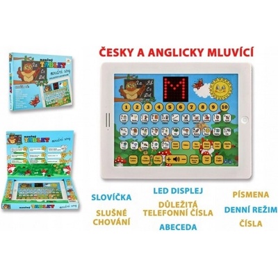 Naučný tablet moudré sovy dvojjazyčný CZ+AJ plast 24x19x2cm na baterie se zvukem v krabici 32x23x3cm
