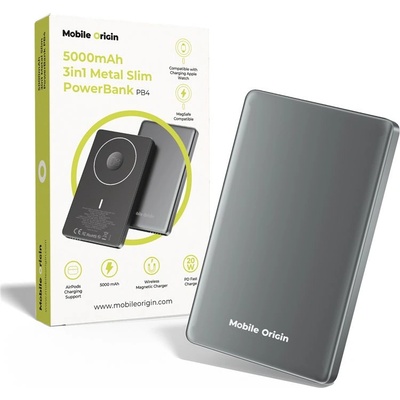 Mobile Origin Преносима външна батерия с USB-C порт и безжично зареждане с MagSafe и Apple Watch - Mobile Origin PB4 Metal Slim Magnetic Wireless Charging Power Bank 5000 mAh 20W (тъмносив) (MO-MSP-PB4)