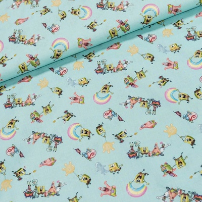 Eratex Bavlněné plátno dětské 7030, SPONGE BOB na modré, š.150cm (látka v metráži)
