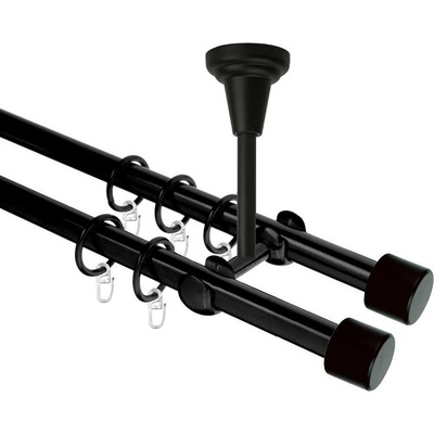 OK-GarnýžeCZ Garnýž kovová dvouřadá 16mm Pullo Double černá 160 cm do stropu / kroužky s háčkem