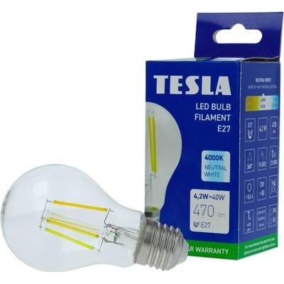 Tesla LED žárovka FILAMENT RETRO BULB, E27, 4,2W, 230V, 470lm, 25 000h, 4000K denní bílá, 360st,čirá