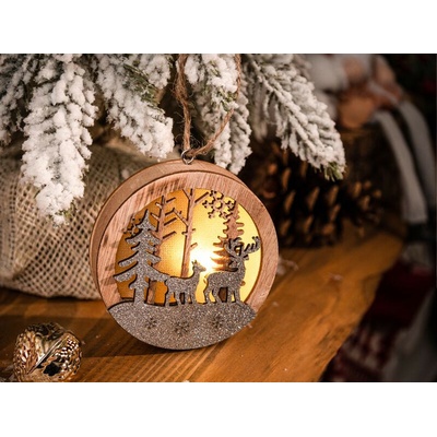 MagicHome Dekorácia Jeleň v guli LED závesná MDF 8,5x2x8,5 cm
