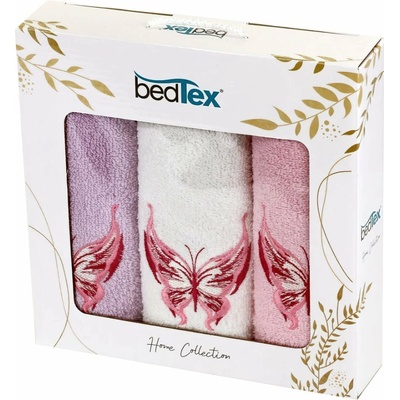 BedTex dárkový set froté ručníků 3 ks motýl růžový s výšivkou 30 x 50 cm