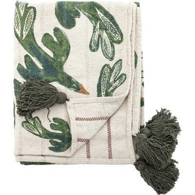 Bloomingville Přehoz z recyklované bavlny Birdliva 130 × 160 cm, zelená barva, textil