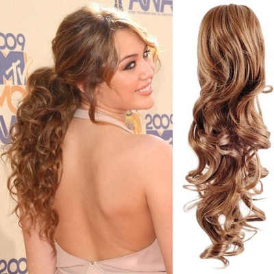 Clip in příčesek culík / cop 100% japonský kanekalon 60cm kudrnatý světle hnědý