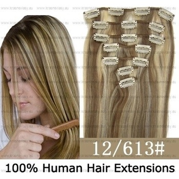 CLIP IN (klipy) pravé lidské vlasy remy 55cm odstín 12/613 melír 7 částí 80g