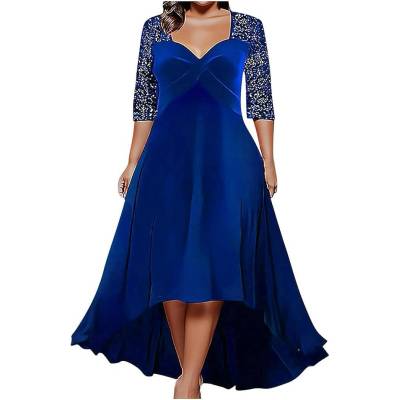 Дълга асиметрична вечерна рокля с пайети 3/4 ръкав, кралско синя