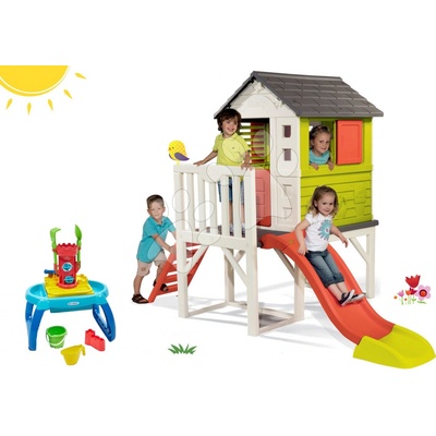Smoby set dětský domeček na pilířích Pilings House s 1,5 m skluzavkou a pískoviště stolek na vodu a písek