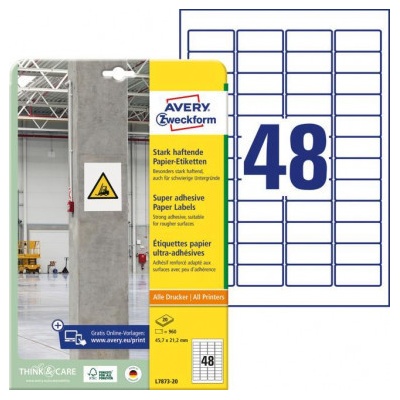 Etikety univerzálne 45,7x21,2mm Avery A4, silne lepivé 20 hárkov